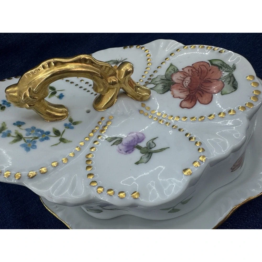 VTG Rare Covered Dish‎ & Knife Set Hand Painted Floral Signed Porcelain Ornate